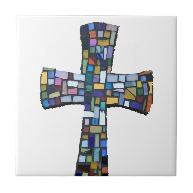 cross mosaic coloured red blue green Christian Tile (Front)