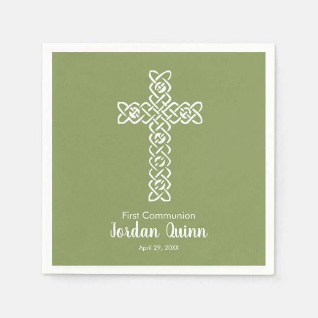 Cross | Moss Green Communion Baptism Christening Napkin (Front)