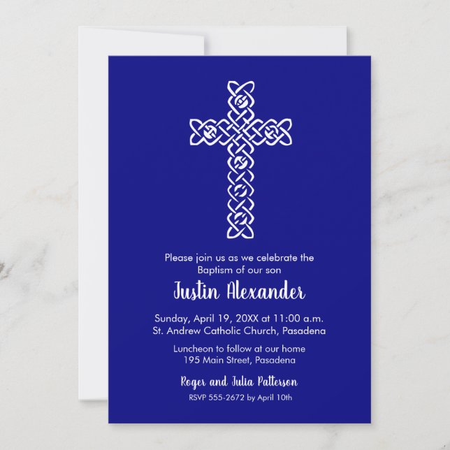 Cross & Navy Blue Baptism Christening Invite (Front)