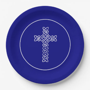 Cross Navy Blue Communion Baptism Christen Paper Plate