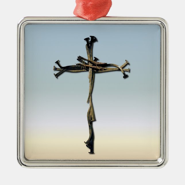 Cross of Nails Jesus Save Rustic Metal Tree Decoration (Front)