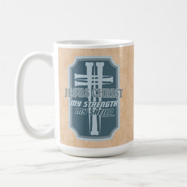 Cross of Nails on Shield Psalm 28:7 Bible Design Coffee Mug (Left)