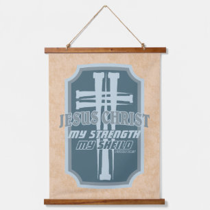 Cross of Nails on Shield Psalm 28:7 Bible Design Hanging Tapestry