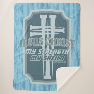 Cross of Nails on Shield Psalm 28:7 Bible Design Sherpa Blanket