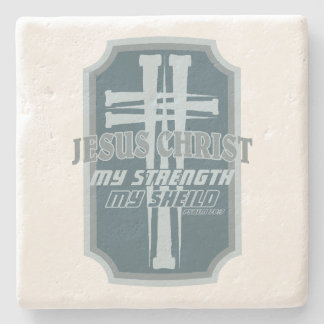 Cross of Nails on Shield Psalm 28:7 Bible Design Stone Coaster