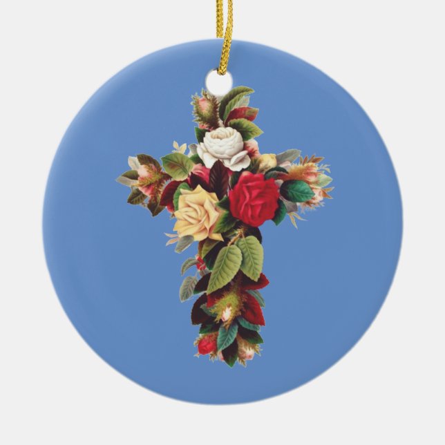 Cross of Roses Ceramic Tree Decoration (Front)
