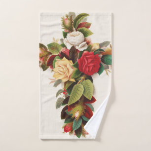 Cross of roses, Victorian era illustration Hand Towel