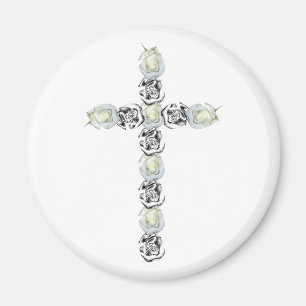 Cross of Silver and White Roses Magnet