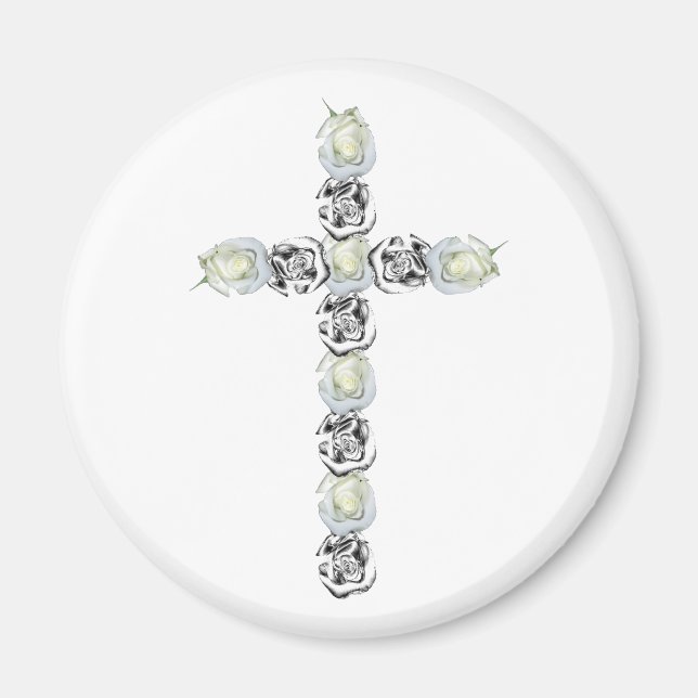 Cross of Silver and White Roses Magnet (Front)