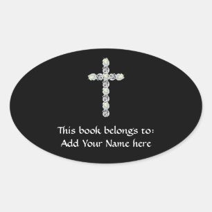 Cross of Silver and White Roses Oval Sticker