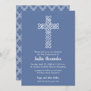 Cross on Blue Grey First Communion Invitations