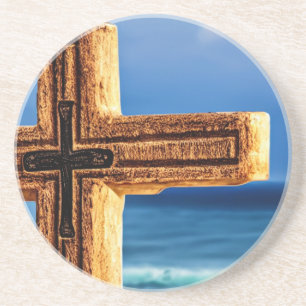Cross on Blue Ocean Scene Sandstone Coaster