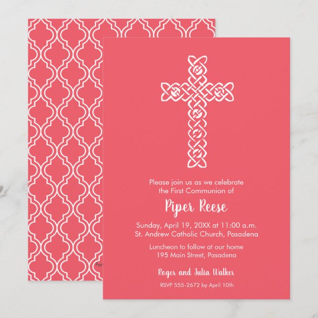 Cross on Bright Coral Baptism, Christening Invites (Front/Back)