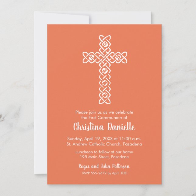 Cross on Bright Peach First Communion Invites (Front)