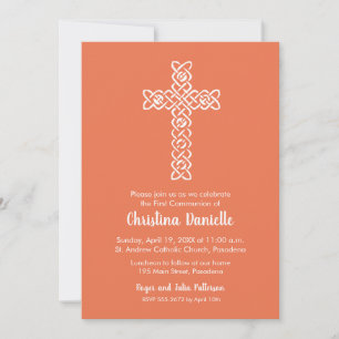 Cross on Bright Peach First Communion Invites