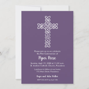 Cross on Dark Purple Baptism, Christening Invites