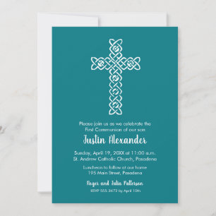 Cross on Dark Teal First Communion Invitations
