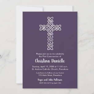Cross on Eggplant Purple First Communion Invites