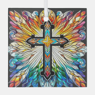 Cross on Fiery Stained Glass Design Suncatcher Glass Tree Decoration