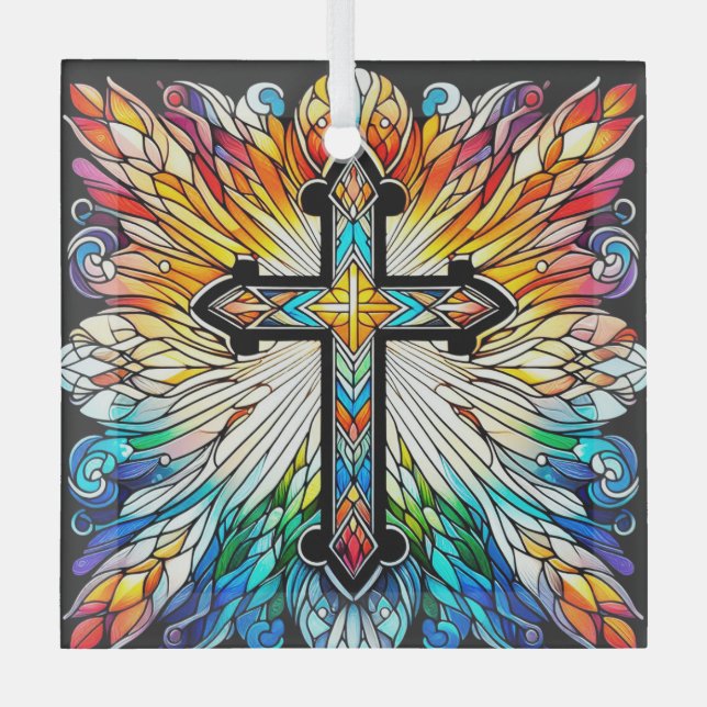 Cross on Fiery Stained Glass Design Suncatcher  Glass Tree Decoration (Front)