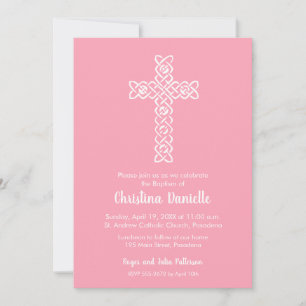 Cross on Flamingo Pink Baptism, Christening Invite