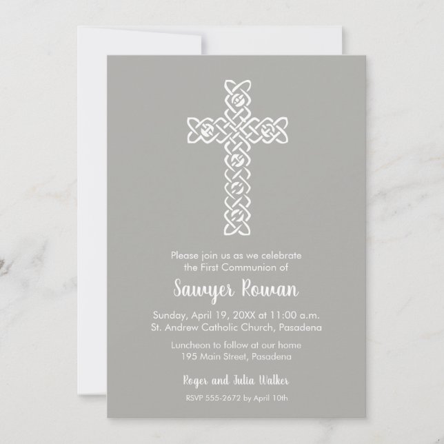 Cross on Grey First Communion Invitations (Front)