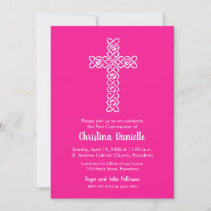 Cross on Hot Pink First Communion Invites