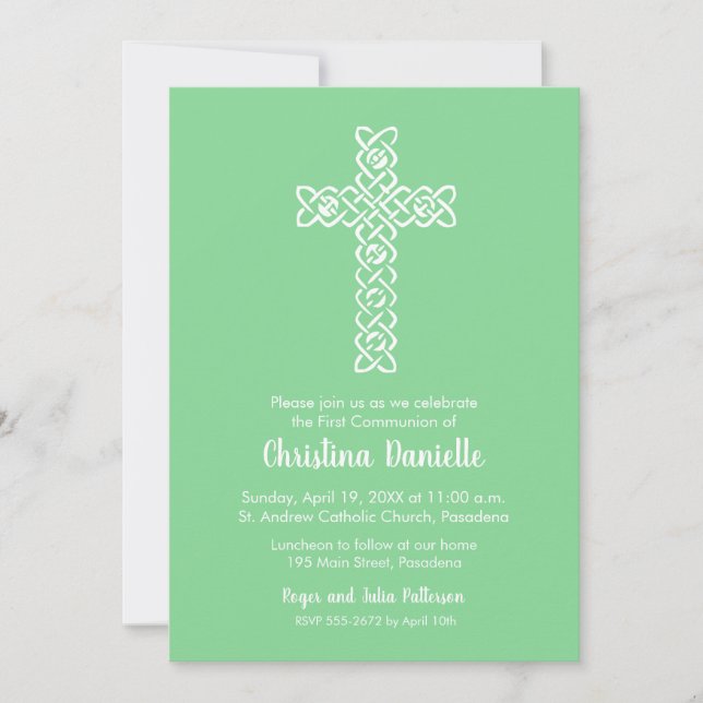 Cross on Mint Green First Communion Invites (Front)