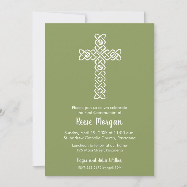 Cross on Moss Green Christening, Baptism Invites (Front)