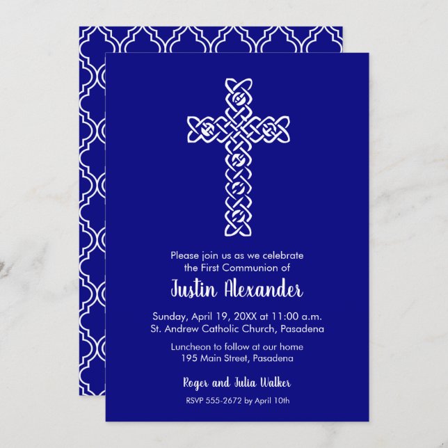 Cross on Navy Blue First Communion Invitationss (Front/Back)