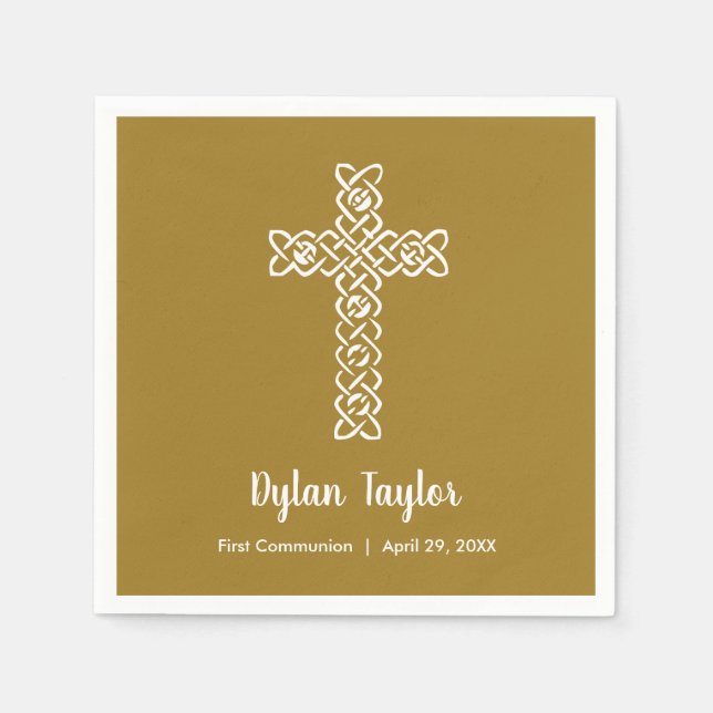 Cross on Old Gold Communion Baptism Christening Napkin (Front)