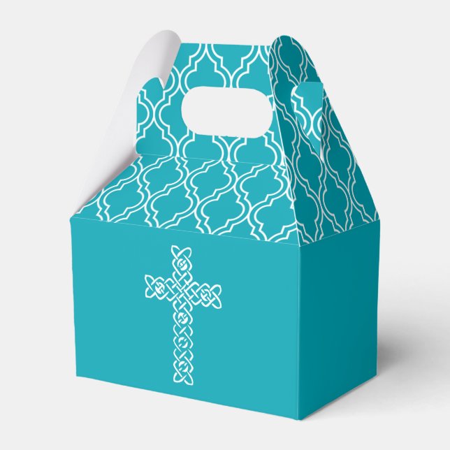 Cross on Peacock Blue First Communion Favour Box (Front Side)