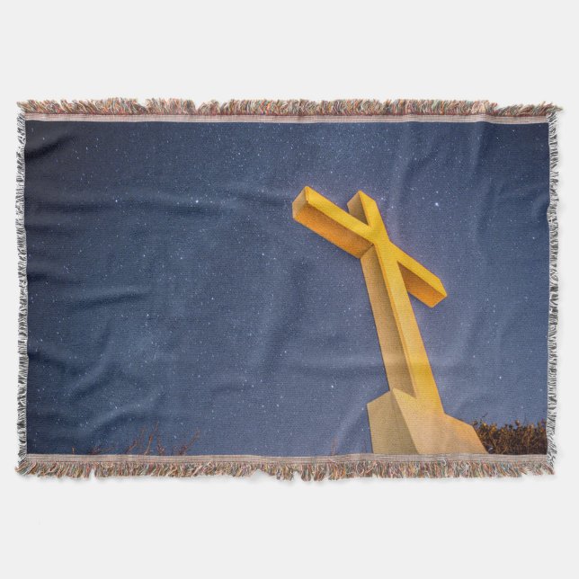 Cross on Pensacola Beach with Milky Way Throw Blanket (Front)