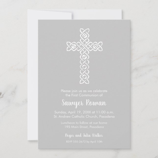 Cross on Platinum First Communion Invitations (Front)