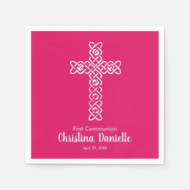 Cross on Ruby Pink | Communion Baptism Christening Napkin (Front)