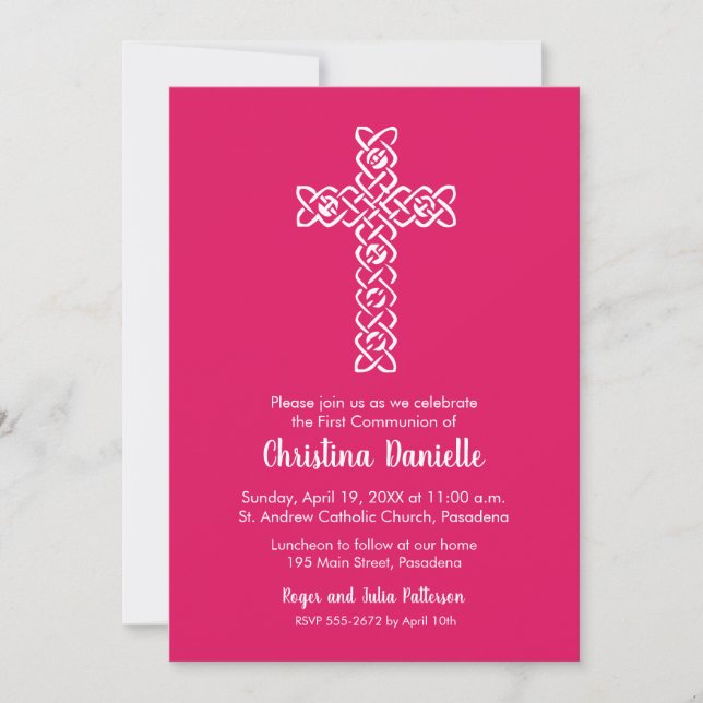 Cross on Ruby Pink First Communion Invites (Front)