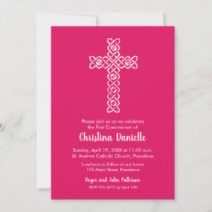 Cross on Ruby Pink First Communion Invites