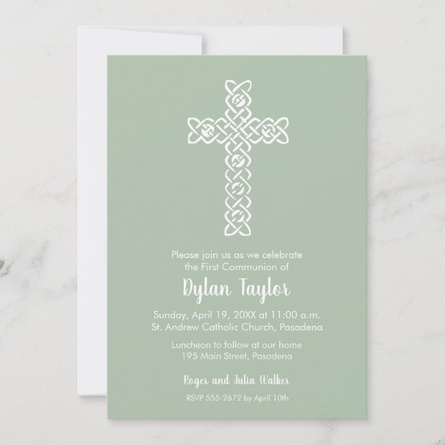 Cross on Sage Green Baptism, Christening Invites (Front)