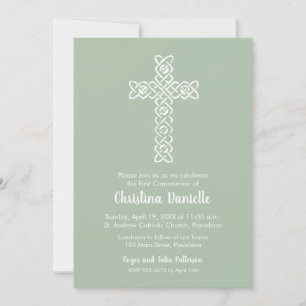 Cross on Sage Green First Communion Invites