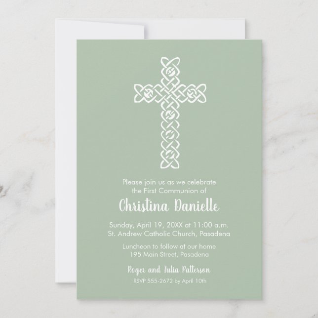 Cross on Sage Green First Communion Invites (Front)