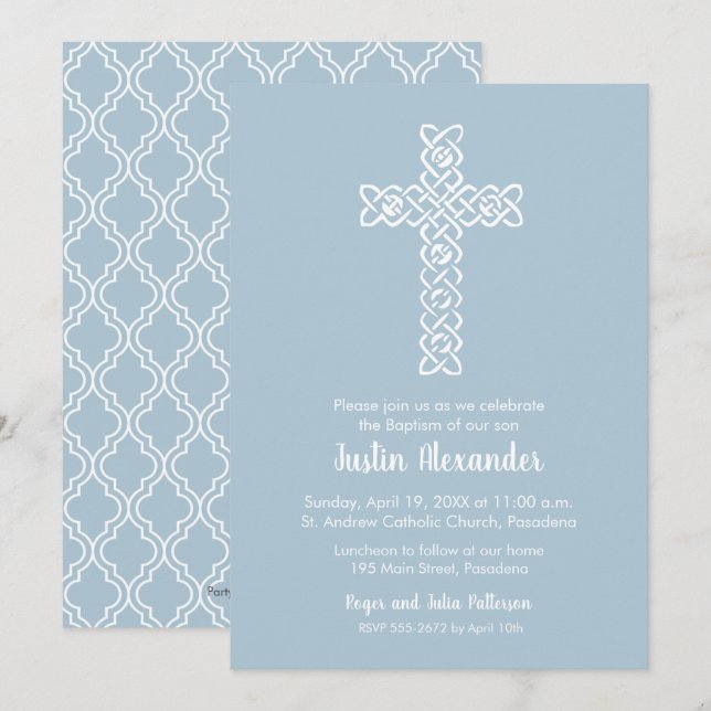 Cross on Steel Blue Baptism, Christening Invites (Front/Back)