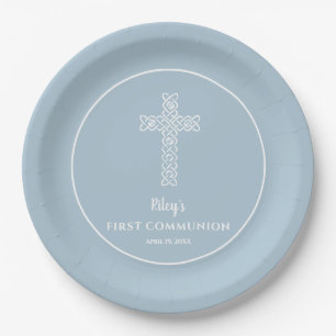 Cross on Steel Blue Communion Baptism Christening Paper Plate