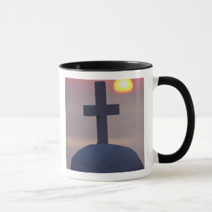 Cross on top of church at sunset, Mykonos, Mug