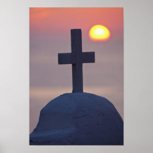 Cross on top of church at sunset, Mykonos, Poster