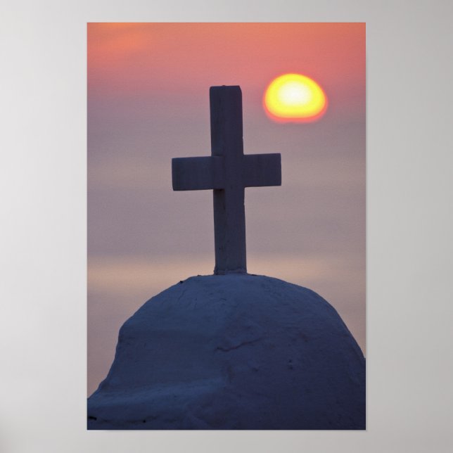 Cross on top of church at sunset, Mykonos, Poster (Front)