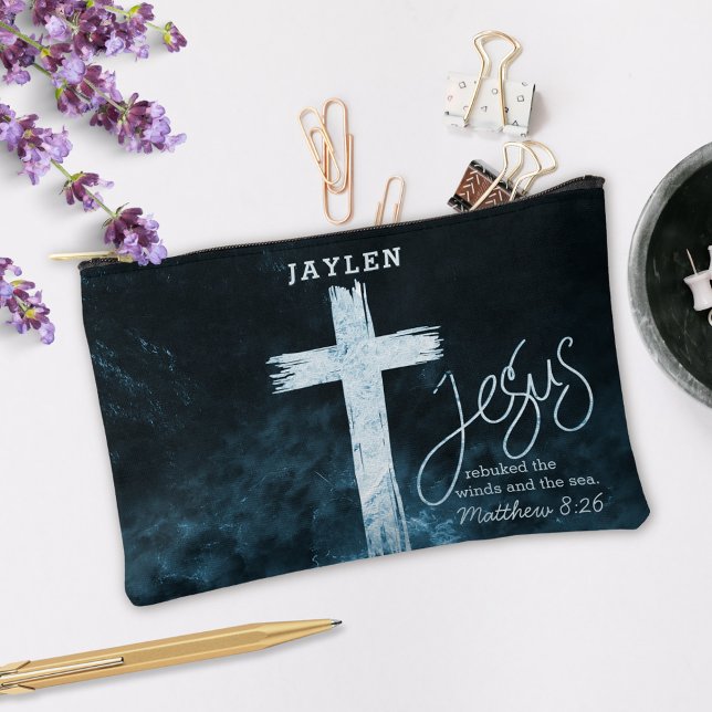 Cross on Water Dark Blue Scripture Personalised Accessory Pouch (Creator Uploaded)