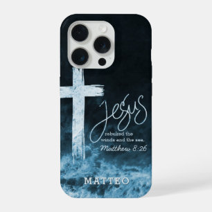 Cross on Water Dark Blue Scripture Personalized iPhone 15 Pro Case