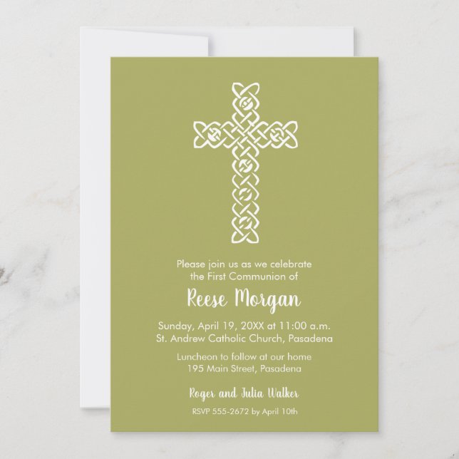 Cross on Yellow Green Baptism, Christening Invites (Front)