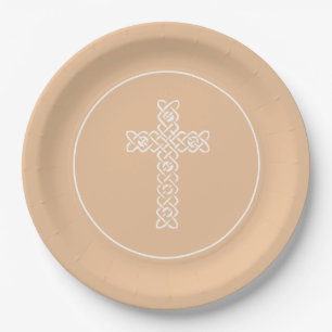 Cross   Peach Communion Baptism Christening Paper Plate