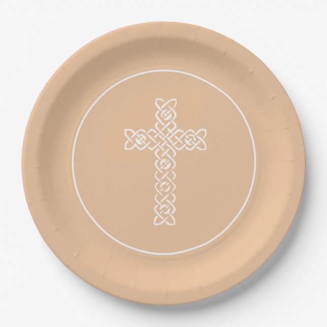 Cross | Peach Communion Baptism Christening Paper Plate (Front)